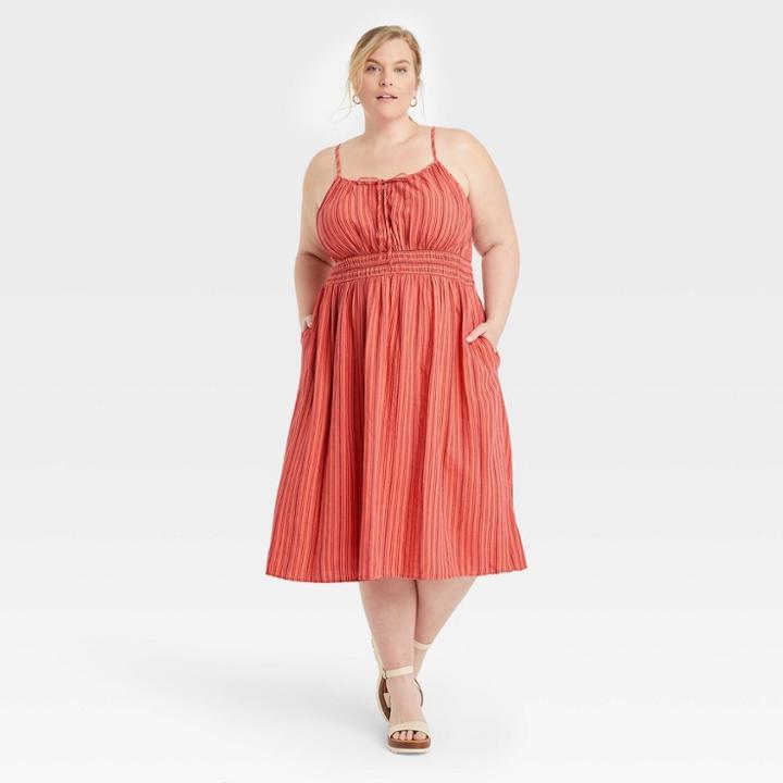Women's Plus Size Linen Tie-front Smocked Dress - Ava & Viv Orange
