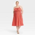 Women's Plus Size Linen Tie-front Smocked Dress - Ava & Viv Orange