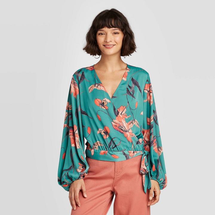 Women's Floral Print Balloon Long Sleeve Wrap Top - A New Day Blue