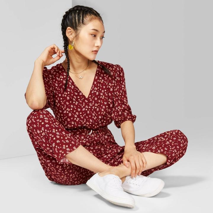 Women's Floral Print 3/4 Sleeve V-neck Belted Jumpsuit - Wild Fable Berry