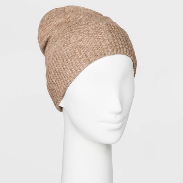 Women's Fine Gauge Knit Beanie - A New Day Camel One Size,