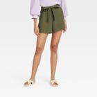 Women's High-rise Tie Waist Shorts - A New Day Olive Green