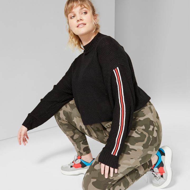 Women's Plus Size Striped Mockneck Pullover - Wild Fable Black