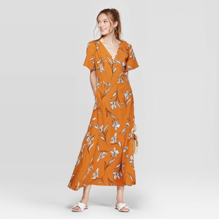 Women's Floral Print Sleeveless V-neck Maxi Wrap Dress - A New Day Rust
