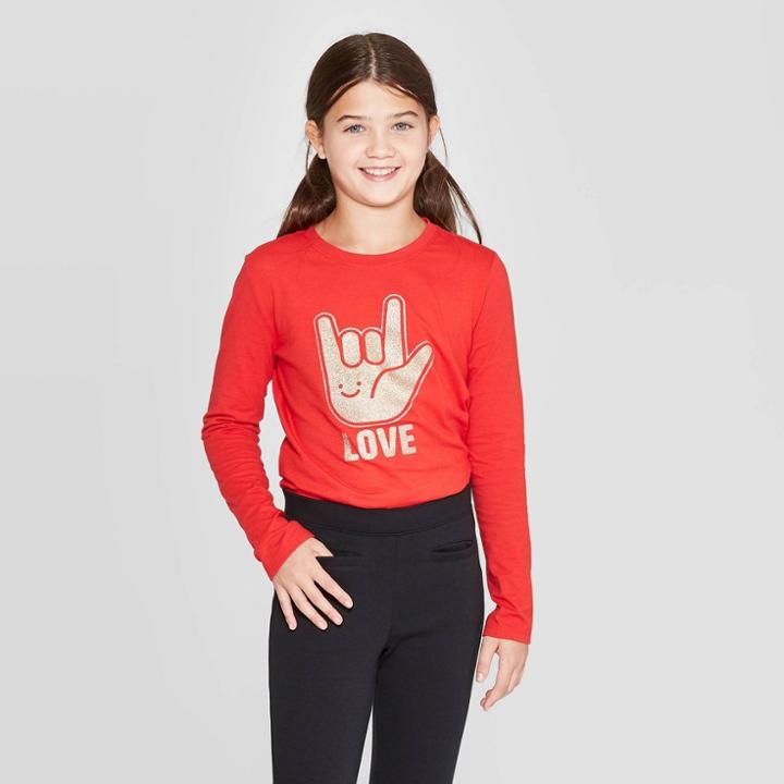 Girls' Long Sleeve Love Sign Language Graphic T-shirt - Cat & Jack Red L, Girl's,