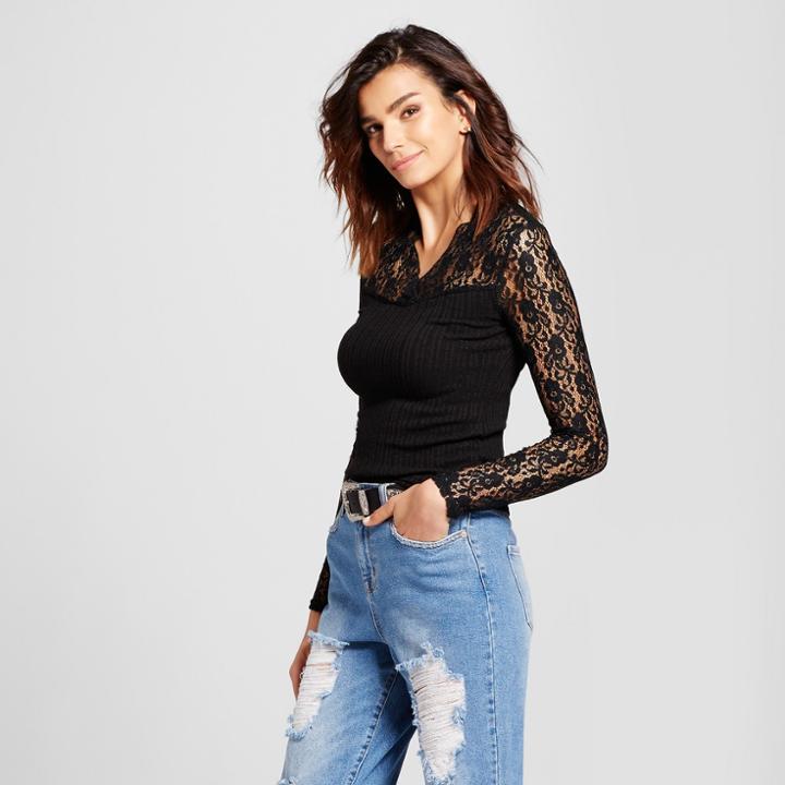 Women's Lace Sleeve Ribbed Pullover Sweater - K By Kersh Black