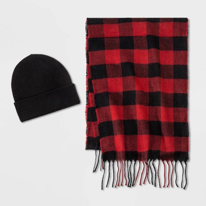 Men's Plaid Buffalo Checked Scarf + Beanie Set - Goodfellow & Co Black