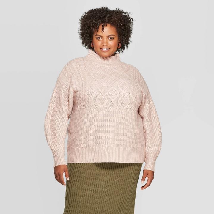 Women's Plus Size Long Sleeve Cable Turtleneck Sweater - A New Day Blush