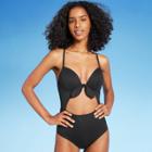 Women's Light Lift Ribbed Tie-front Cut Out One Piece Swimsuit - Shade & Shore Black