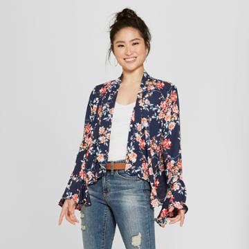 Women's Floral Print Bell Sleeve Jacket - Notations - Navy L,