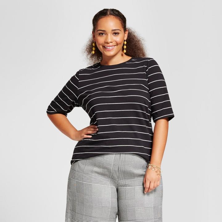 Women's Plus Size Short Elbow Sleeve T-shirt - Who What Wear White/black Stripe X, Black/white