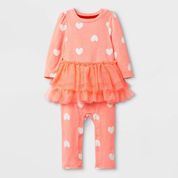 Baby Girls' Heart All Over Print Tutu Romper - Cat & Jack Peach 12m, Girl's, Orange