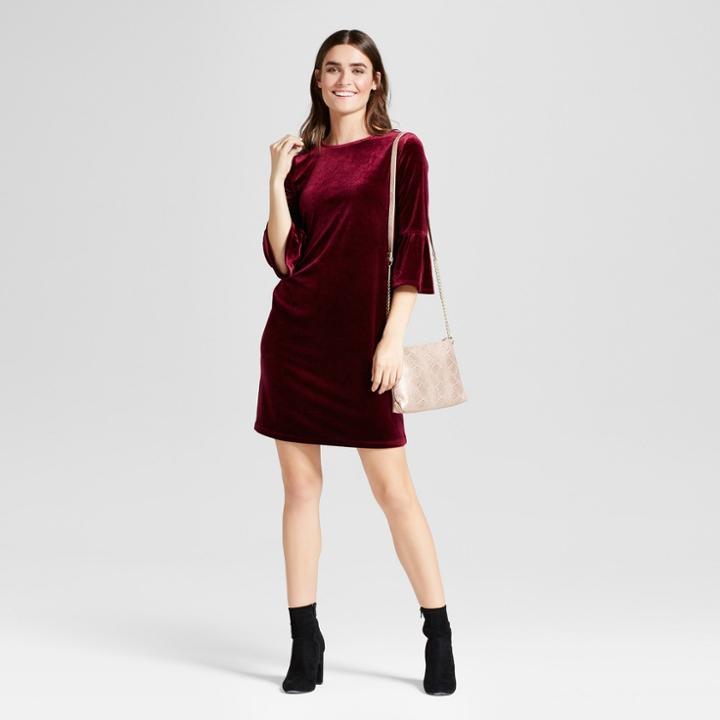 Women's Velvet Ruffle Sleeve Shift Dress - Alison Andrews Burgundy