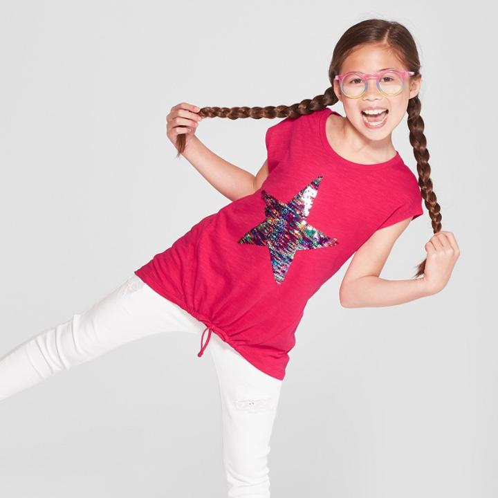 Girls' Cap Sleeve Flip Sequins Star Tie Front Top - Cat & Jack Red