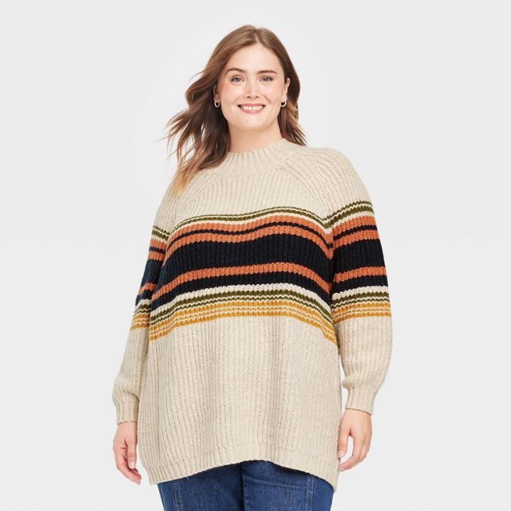Women's Plus Size Mock Turtleneck Tunic Pullover Sweater - Universal Thread Beige