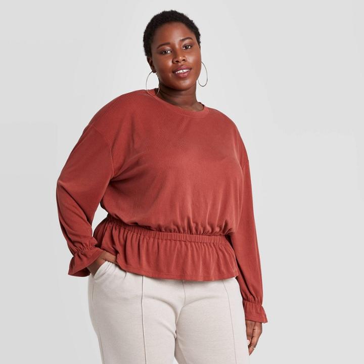 Women's Plus Size Long Sleeve Sandwash Smocked Top - A New Day Red