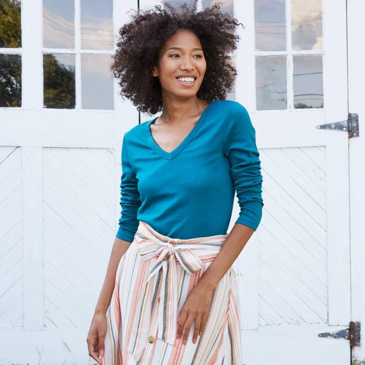 Women's Long Sleeve V-neck Fitted T-shirt - A New Day Turquoise