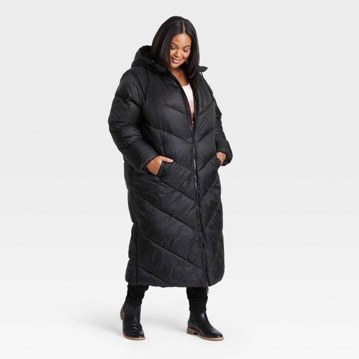 Women's Plus Size Long Puffer Jacket - Ava & Viv Black X