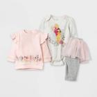 Baby Girls' 3pc Disney Princess Fleece Pullover And Tutu Leggings Set - Light Pink Newborn