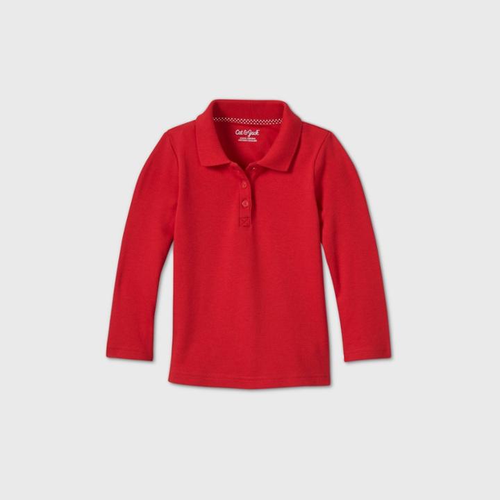 Toddler Girls' Long Sleeve Interlock Uniform Polo Shirt - Cat & Jack Red