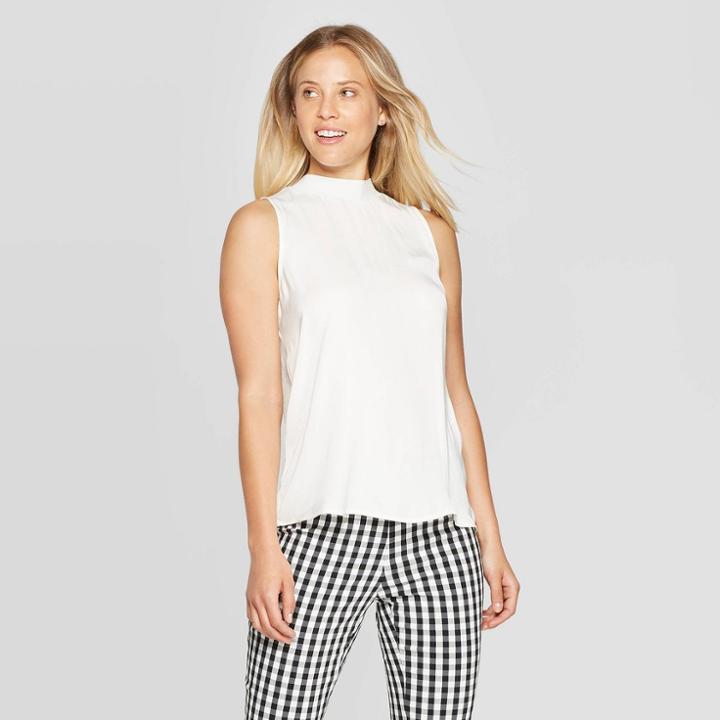 Target Women's Regular Fit Sleeveless Mock Turtleneck Satin Blouse - A New Day Cream