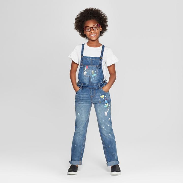 Girls' Paint Splatter Overalls - Cat & Jack Denim Blue