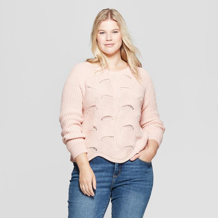 Women's Plus Size Scalloped Hem Metallic Pullover Sweater - A New Day Pink