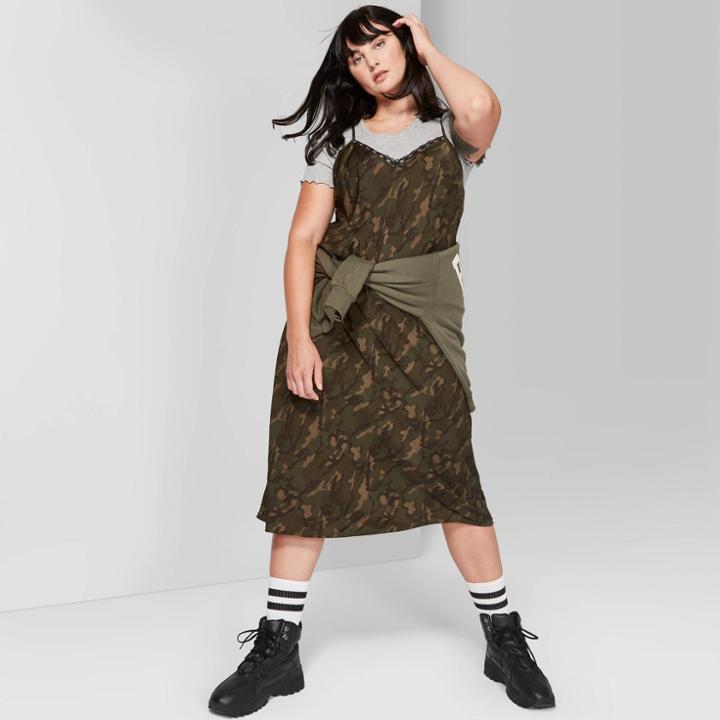 Women's Plus Size Camo Print Sleeveless V-neck Midi Slip Dress - Wild Fable Olive 1x, Women's, Size: