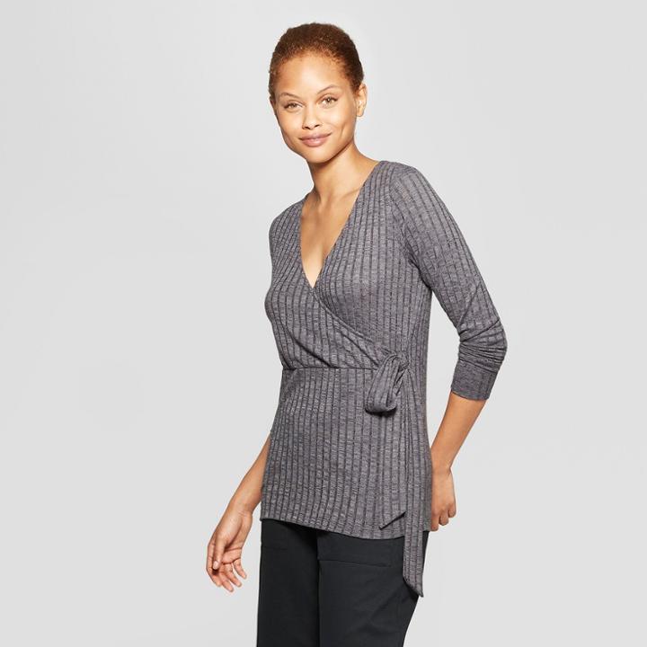 Women's Long Sleeve Knit Wrap Top - Prologue Gray