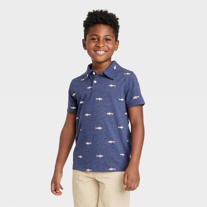 Boys' Short Sleeve Shark Print Polo Shirt - Cat & Jack Navy