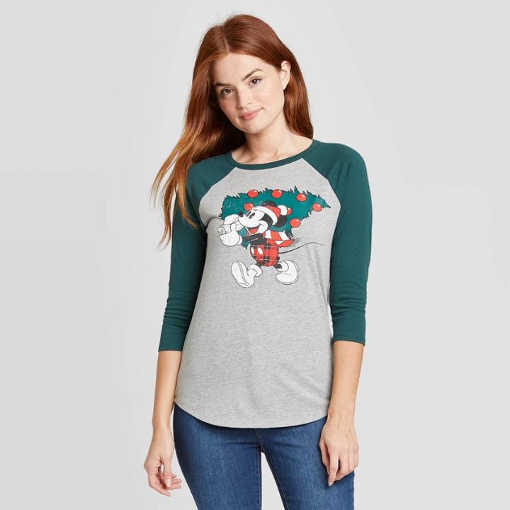 Modern Lux Women's Mickey Mouse Christmas Tree 3/4 Raglan Sleeve Graphic T-shirt - Heather Gray