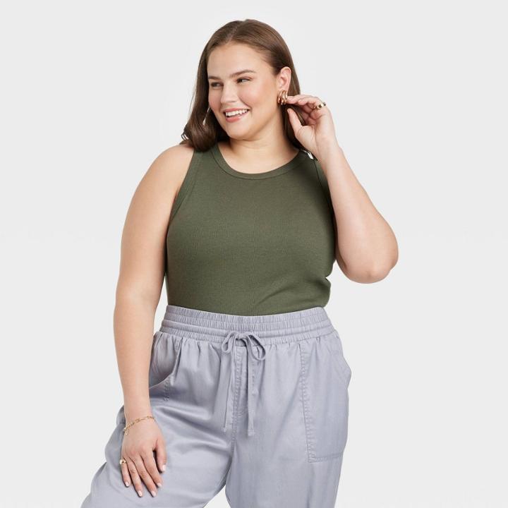 Women's Plus Size Ribbed Tank Bodysuit - A New Day Olive Green