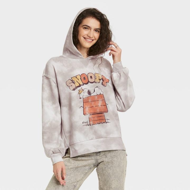 Women's Snoopy Dog House Hooded Graphic Sweatshirt - Gray Tie-dye