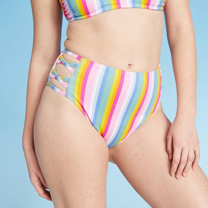 Women's Strappy High Leg High Waist Bikini Bottom - Xhilaration Bright Stripe L, Women's, Size: Large,