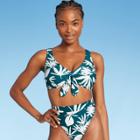 Juniors' Ribbed Tie-front Longline Triangle Bikini Top - Xhilaration Teal Green Tropical Print D/dd Cup