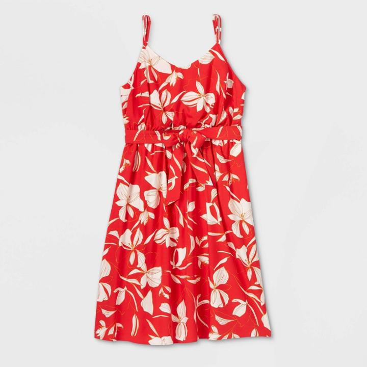 Women's Plus Size Floral Print Tie Waist Midi Tank Dress - Ava & Viv Red 1x, Women's,