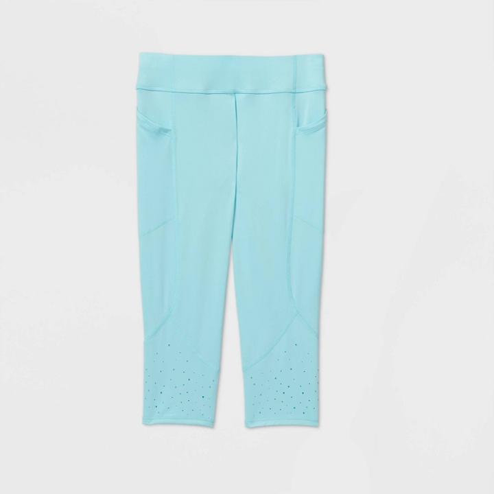 Girls' Laser Cut Capri Leggings With Pockets - All In Motion Aqua Xs, Girl's, Blue