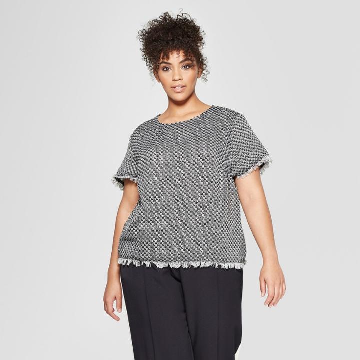 Women's Plus Size Short Sleeve Boxy Tweed Blouse - Who What Wear Black/cream