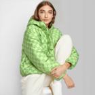 Women's Hooded Puffer Jacket - Wild Fable Sage Green Check