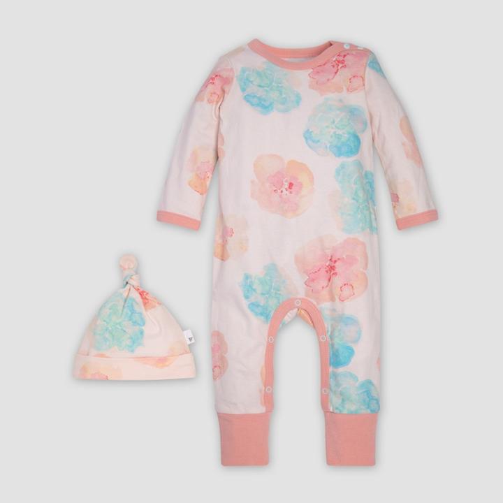 Burt's Bees Baby Organic Cotton Girls' Morning Poppy Coverall & Knot Top Hat Set - Pink