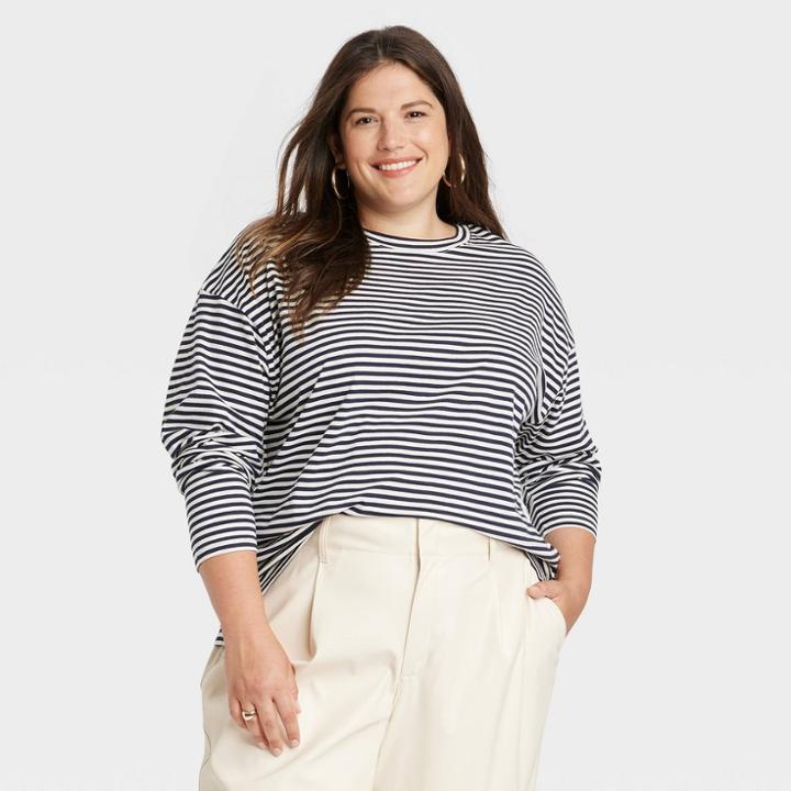 Women's Plus Size Long Sleeve T-shirt - A New Day Navy Striped 1x, Blue