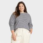 Women's Plus Size Long Sleeve T-shirt - A New Day Navy Striped 1x, Blue