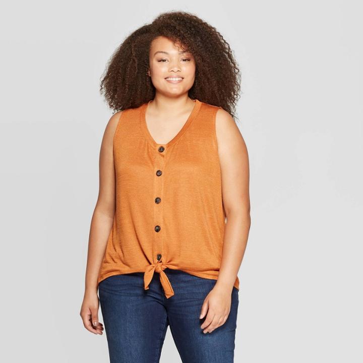 Women's Plus Size Scoop Neck Button Front Tank Top - Ava & Viv Rust (red) X