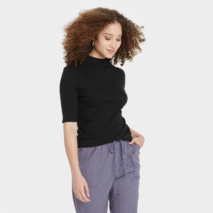 Women's Elbow Sleeve Mock Turtleneck T- Shirt - A New Day Black