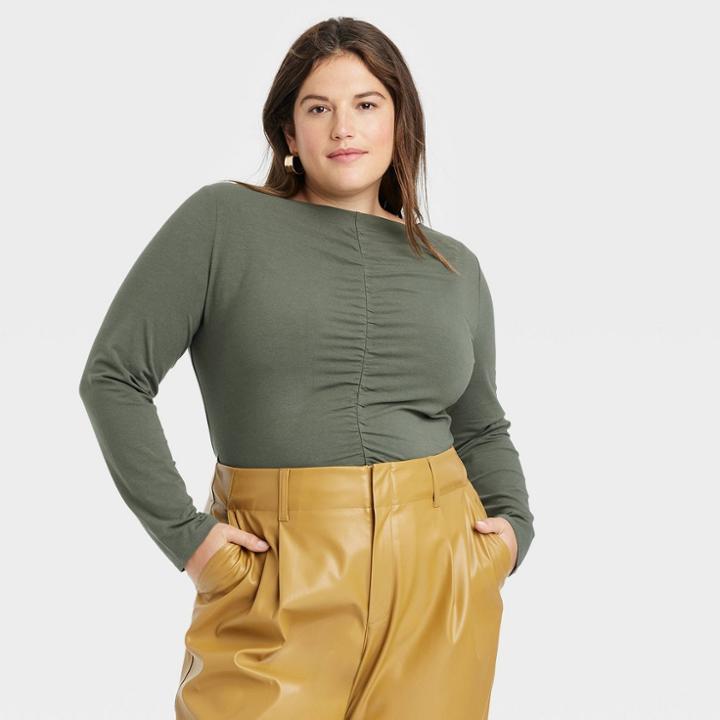 Women's Plus Size Long Sleeve Slim Fit Boat Neck Ruched Front Top - A New Day Olive
