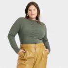 Women's Plus Size Long Sleeve Slim Fit Boat Neck Ruched Front Top - A New Day Olive