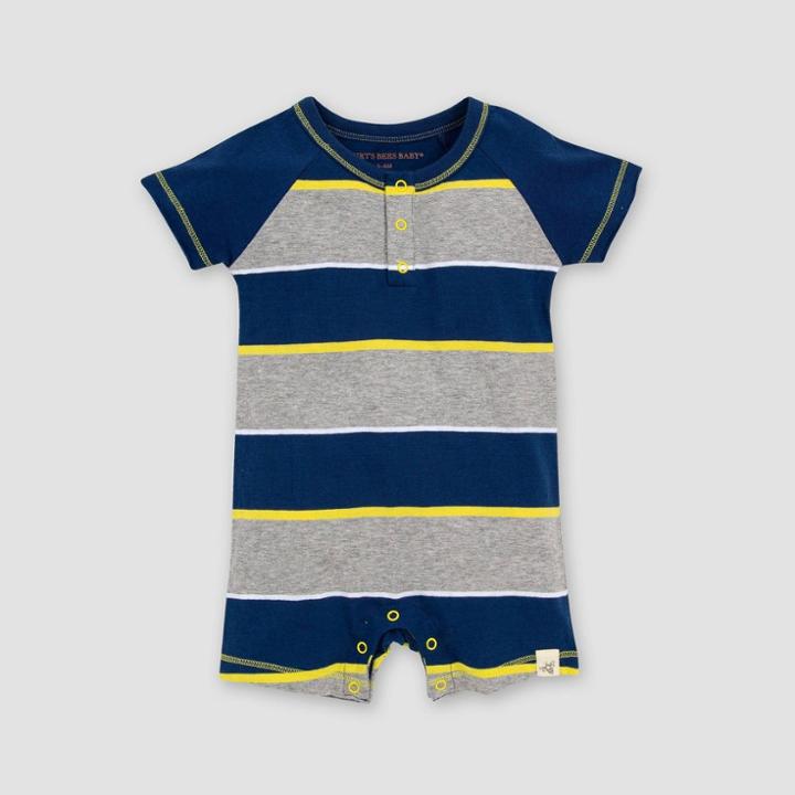 Burt's Bees Baby Baby Boys' Organic Cotton Tipped Rugby Striped Romper - Navy/gray 0-3m, Boy's, Gray Blue