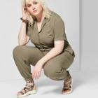 Women's Plus Size Short Sleeve Collared Button-front Romper - Wild Fable Olive