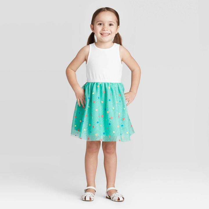 Toddler Girls' Tank Top Polka Dot Tulle Dress - Cat & Jack White/green 12m, Toddler Girl's