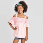 Girls' Smocked Cold Shoulder Woven Top - Cat & Jack Pink